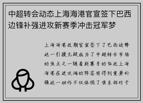 中超转会动态上海海港官宣签下巴西边锋补强进攻新赛季冲击冠军梦 中超转会动态上海海港官宣签下巴西边锋补强进攻新赛季冲击冠军梦